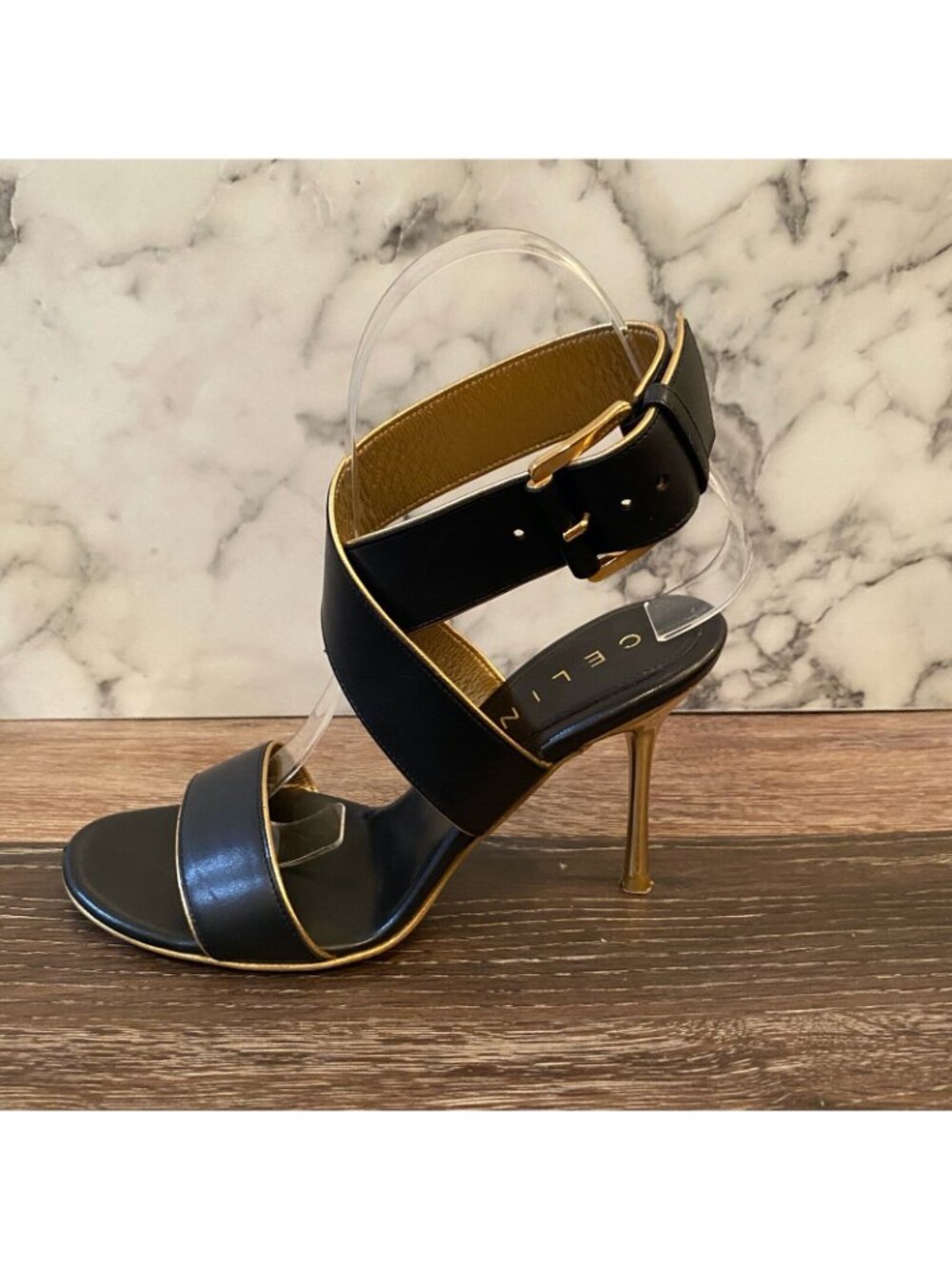 CELINE Black Calfskin Leather & Gold Trim Criss-Cross Open Toe Sandals - US 5 - Picture 3 of 12
